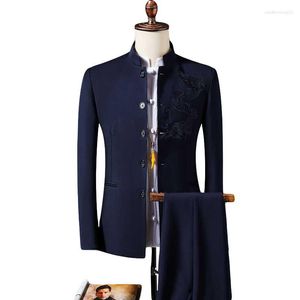 Garnitury męskie (spodnie kurtki) Sinismo Mężczyźni Wysokiej jakości bawełna dwa garnitury/mężczyzna Slim Fit Chinese Tunik Busines Blazers 5xl