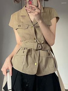 Women's Jackets Korobov Japan Style Khaki Work Gear Coat Short Sleeve Single-breasted Belt Pocket Vest Suit Collar Jacket Fashion Veste