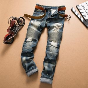 Whole-2016 moda slim skinny slim fit zip cotone nero mens jeans Distressed Denim cotone di alta qualità pantaloni maschili261o