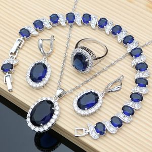 Set di gioielli da sposa Zaffiro blu 925 Gioielli in argento Gemma naturale Bracciale fine Collana Goccia 230729