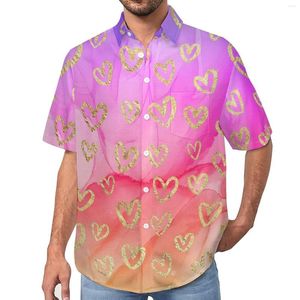 Camicie casual da uomo camicia cuori oro cravatta viola tintura rosa stampare vacanze sciolte camicette di tendenza a maniche corte di grandi dimensioni