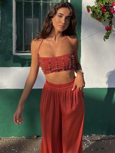 Kadınların İki Parçası Pantolon Boho Vintage Setleri Kadın Kıyafetleri 2023 Seksi Halter Dantel Yukarı Sırtsız Boncuklu Örgü Üst ve Geniş Bacak Seti Kadınlar