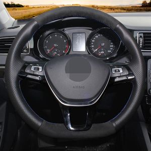 diyソフトブラック本物の革のスエードカーステアリングホイールカバーフォルクスワーゲンVWゴルフ7 MK7新しいポロジェッタパサットB8ティグアン286U