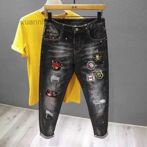 Black Pants Black Gray Embroidery Ripped Jeans Men's Personality Bump Color Splash Paint Retro Korean Version Show Thin Elastic Feet Long E5N5