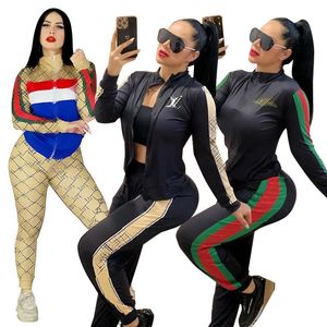 Moda casual fatos de treino 2 pic conjuntos feminino primavera outono nova manga longa impresso costura sweatsuit feminino duas peças roupas esportivas tamanho S-2XL