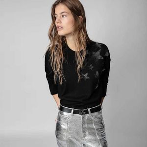 Zadig Voltaire Designer Swittens Swittens Star Love Hot Drilling Black 100 Cashmere Sweater Women Tops Excert