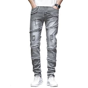 Mens Jeans Patchwork Jeans Men Hip Hop Slim Fit Stretch Grey Streetwear Male Denim Pants Distressed Ripped Original Design Jeans Punk Style 230729