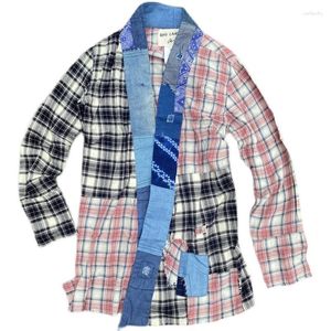 Men's Jackets Greg Patchwork Versatile Splice Plaid Cardigan Shirt Jacket Mid Length Casual Shawl Taoist Robe Windbreaker Coat Men