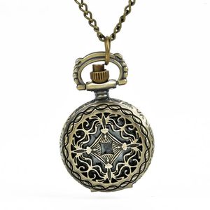 Relógios de bolso vintage Small Quartz Watch for Men Mulheres Bronze Flor Case Fob Chain Pingente Colar Roman Relógio Presente