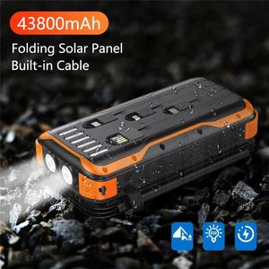 Mobiltelefon Power Banks Foldbar Solar Power Bank 43800MAH Portable Externt batteri för iPhone 14 13 Samsung Xiaomi Poverbank med kabel LED -ljus L230728