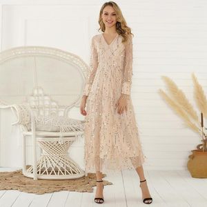 Casual Dresses Sexig V-ringning Evening Women Maxi Dress Elegant Mesh Long Sleeve Sequin Night Autumn Lady Plus Size Party