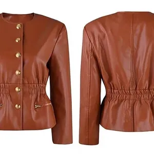 CE001 고품질 가죽 재킷 O- 넥 칼라 여성 코트 봄 짧은 길이 허리 스타일 단일 가슴 새로운 도착 수입 양가죽