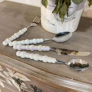 Dinnerware Sets Fashion Pearl Cutlery Stainless Steel Knife And Fork Spoon Ceramic Handle Steak Dessert Scoop Kitchen Tool