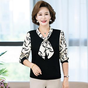 Kadınlar Blouses 2023 İlkbahar ve Sonbahar Anne Modası Top Orta Yaş Yaşlı Kollu Yuvarlak Boyun Altım Gömlek