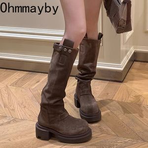 Boots Retro Woman Western Cowgirl Boot Fashion Slip on Kne High Booties Designer Autumn Winter Square Heel Knight Bootties 230729