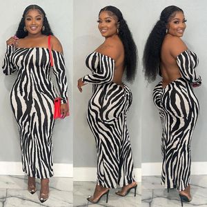 Abiti casual WUHE Zebra Stripes Off Spalla Manica lunga Increspato Backless Maxi Vestito aderente midi 2023 Abiti sexy Donna