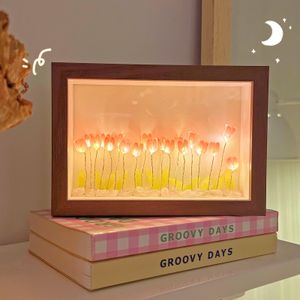 Decorative Flowers Wreaths Handmade artificial Tulip eternal flower picture frame night light DIY Material Bedside sleep Home Ornament birthday gift 230729