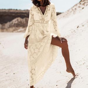 Casual Dresses Women Summer Boho Lace Maxi Dress Beach Holiday White Beige Elegant V Neck Long Sleeve Loose Sundress Robes Mujer