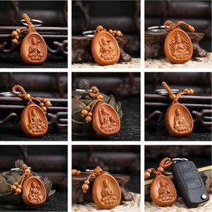 Keychains 1PC Carved Wood Buddhism Buddha Statue Keychain Keyring Car Bag Pendant Keyfob