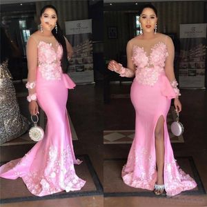 Pink Mermaid Prom Dress 2020 Side Split Lace Applique Elastic Satin Court Train With Sheer Llong Sleeves Formal Long Evening Dress222r