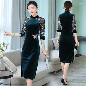 Ethnic Clothing Green Qipao Velvet Cheongsam Dress Midi Elegant Chinese Dresses Lace Sleeve Length Qi Pao Traditional FF22362843