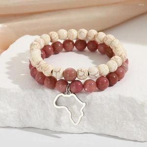 Charm Bracelets 2 pçs África Pingente Bead Pulseira Set Pedra Rodocrosita Natural Casal Pulseira de Energia Para Homens Mulheres Jóias