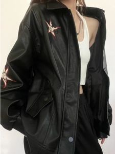 女性のための女性Sジャケットストリートウェアファッションハラジュクビンテージ刺繍PU COAT Y2K