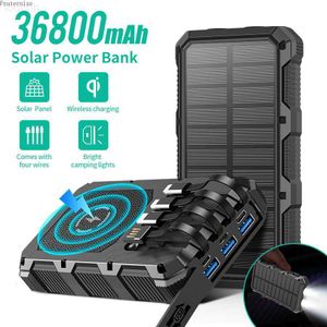 Cell Phone Power Banks Solar Power Bank 36800mAh Portable Wireless quick Charger External Battery Pack 5V3A Built-in Cables outdoor Bright Flashlight L230728