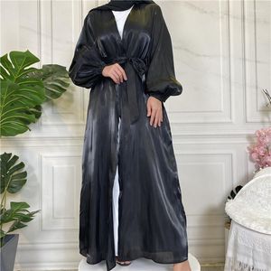 Abbigliamento etnico Stile Kimono Tinta unita Manica a lanterna Raso aperto davanti Abaya Elegante Dubai Musulmano Womens Party Cardigan Maxi Abito Caftano Sciolto