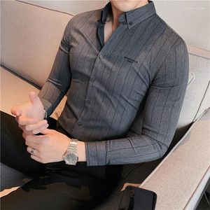 Men's Casual Shirts Plus Size 4XL-M Spring Embroidery Striped For Men Clothing Business Formal Wear Slim Fit Long Sleeve Tuxedo Dress