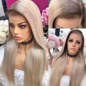 Ombre Long Straight Ash Blonde Brown Root Colored Human Hair Wig HD Transparent 360 13x6 Lace Frontal Brizilia Wigs For Women