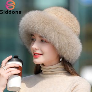 Шапочка черепа кепки женщины зимнее роскошное вязаное вязаное норка бомбардировщик натуральный теплый шап