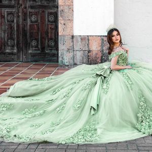 Sage Yeşil Balo Elbisesi Quinceanera Elbiseler Aplikler Boncuklar 3dflower Omuzdan Tatlı 16 Elbise Vestido de 15 Anos Dantel