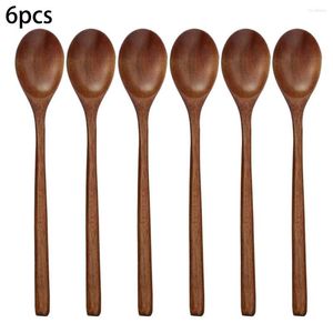 Dinnerware Sets 6PCS Natural Wooden Spoon Kitchen Long Spoons Rice Soups Honey Accessories Home Tableware Cooking Tool