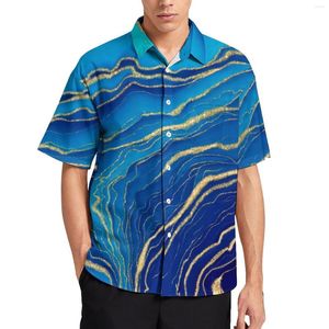 Męskie koszule na zwykłe koszule płynna marmur luźna koszula męska wakacje niebieskie i złoty hawajski design z krótkim rękawem vintage duże bluzki