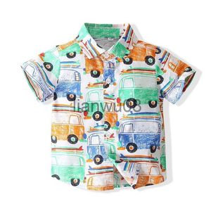 Kids Shirts 2023 Summer New 12 M 24M 16 Years Europe and American Baby Toddler Kids Tops Cartoon Full Print Car ShortSleeve Shirt For Boys x0728