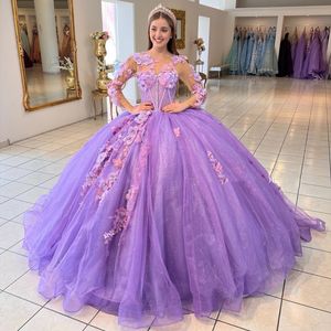 2024ラベンダーの光沢のあるQuinceaneraドレス3Dアップリケ付き長袖レースTULL BALL GOUNS VESTIDOS DE 15 ANOS