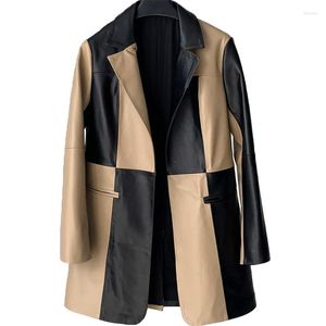 Women's Leather 2023 Hit Color Jacket Mid-length Suit Collar Sheepskin Windbreaker Trend