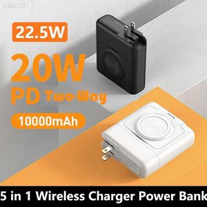 Bancos de energia do telefone celular 5 em 1 carregador sem fio Banco de energia 10000mAh com cabo de cabo Tipo C 22.5W Carregador rápido para iPhone 14 Samsung Xiaomi PowerBank L230728