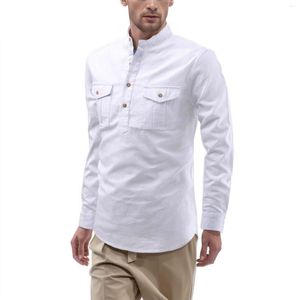 Camisetas para Hombre, camisetas simples de Color sólido, camiseta con cuello levantado, camiseta de manga larga, trajes de doble bolsillo para Hombre, Ropa para Hombre