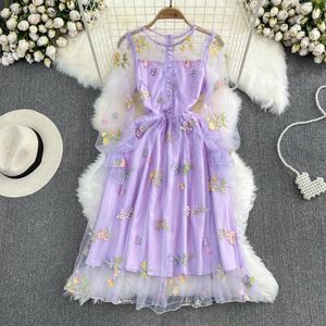 Lässige Kleider Frauen elegantes Mesh Spitze bestickte Blume Multicolor A-Line-Kleid Lange Puffärmel-Rüschen Harajuku Sommer Vestidos