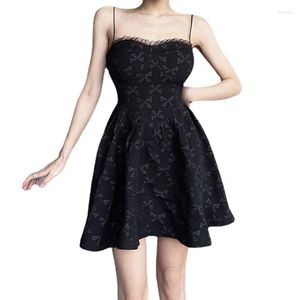 Casual Dresses Women Spaghetti Strap Sexy Off Shoulder Mini Flowy Dress Harajuku Bowknot Jacquard Ruffle Lace Trim A-Line Flare N7YF