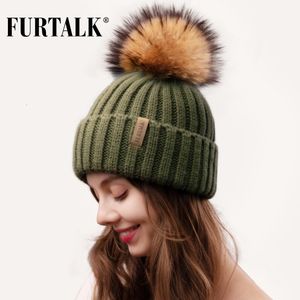 Gorro de Caveira Furtalk com pompom de Pele Real Gorro Feminino de Tricô Quente Grande Raccoon Pom Feminino 230729