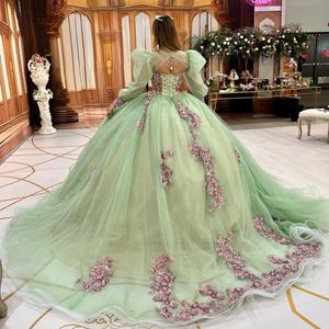 Luxury Sage Green Quinceanera Dresses Glittering Puff Sleeve Floral Beading Lace Formal Party Prom Ball Gown Vestidos De 15 Anos