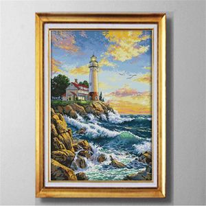Die Leuchtturm-Meereslandschaft im europäischen Stil, Kreuzstich-Handarbeitssets, Sticksets, Gemälde, gezählt, gedruckt auf Leinwand, DMC 14C3010