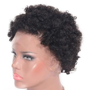 Afro Kinky Curly spetsfront peruker för svarta kvinnor Korta brasilianska remy mänskliga hår peruk naturlig färg 130% densitet2649