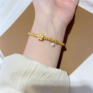 Link Bracelets Peach Blossom Hollow Ball Beaded Pearl Hand String Hard Gold Head Jewelry Elastic Bracelet Women's Long Lasting Color