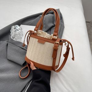 Abendtaschen Kordelzug Stroh Eimer Schulter für Frauen Top Griff Sommer Strand Rattan Boho Casual Woven Weibliche Handtasche Kupplung 230729