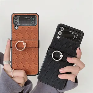 Custodia per telefono Vogue in pelle con stampa geometrica di lusso per Samsung Galaxy Folding Z Flip3 Flip4 5G Supporto per anello da dito Motivo a rombo conchiglia pieghevole con protezione cerniera