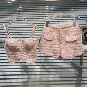 Kvinnors träningsdräkter Net Red 2023 Summer Women Two-Piece Sets Pink Plush Tweeds ärmlös Camisole Crop Top Elegant Shorts Kvinnliga kostymer